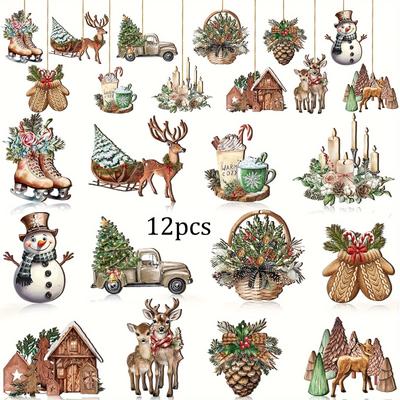 TEMU Festive Christmas Ornaments Set - 12/24pcs Wooden Holiday Decorations With Pine Cones, Reindeer, Truck & Snowman Designs For Tree And Home Decoration - Perfect Gift For