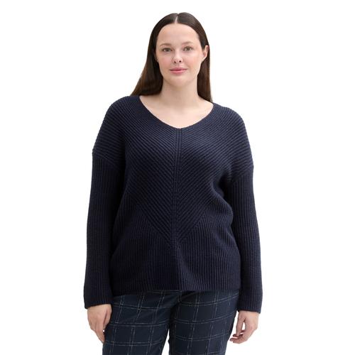 Strickpullover TOM TAILOR PLUS Gr. 50, blau (sky captain blue) Damen Pullover mit Rippstruktur