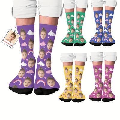 TEMU Custom Face Socks, Personalized Funny Gift Crew Socks With Photo Customized, Faces Rainbows Clouds Print, Novelty Trendy Party Present Socks For Men Women