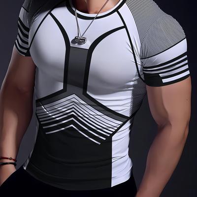 TEMU Men's Quick-dry Athletic T-shirt With Geometric Print - High Stretch, Short Sleeve Crew Neck For Fitness & Training Image