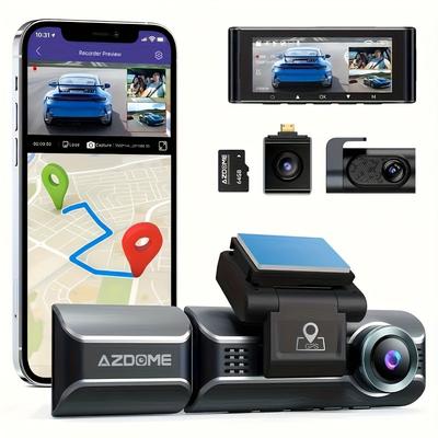 TEMU Azdome Pro 4k Ultra Channel Dash Cam, 2k+1k+1k Dash Cam, 360° Rotating Rear Camera Mirror Flip , 3.19 Inch Screen, , Built-in 5g Wifi And Gps, 64gb Card Included, Loop Recording, 24h Parking Mode, .