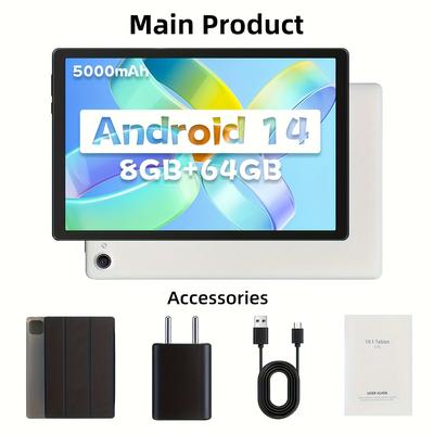 TEMU Aeezo 10.1-inch Android 14 Tablet, Octa-core Processor, (3gb + 5gb Expanded) 64gb Rom, 5000mah, 800*1280 Resolution, 5mp + 8mp Camera. With Protective Case