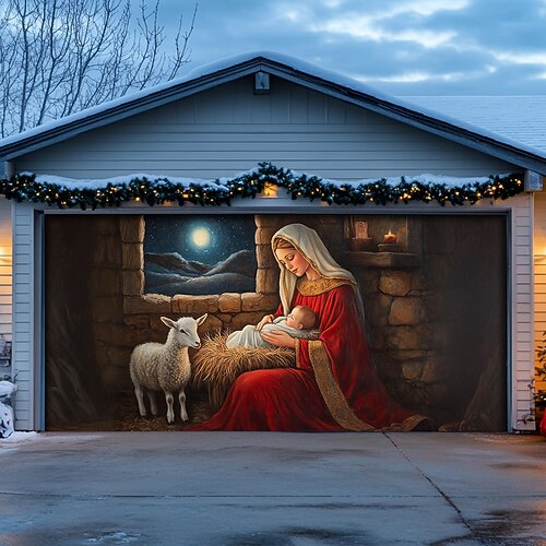 Weihnachts-Garagentorabdeckung für den Außenbereich, Weihnachtsbanner, Weihnachtskrippe, große Weihnachtskulisse, Dekoration für den Urlaub, Garagentor für den Außenbereich, Wanddekoration für Zuhause Image