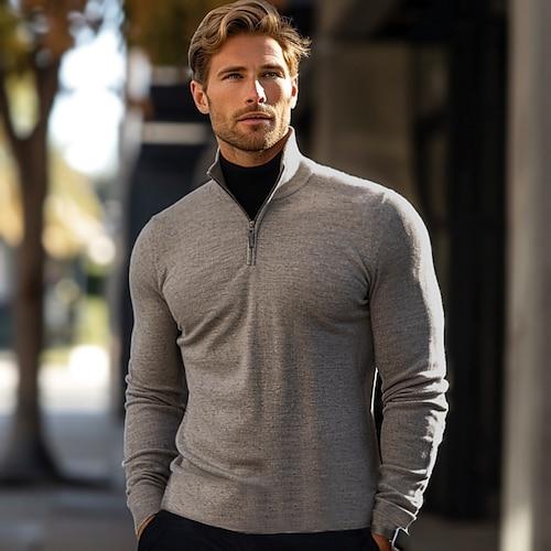 Herren Wollstrick Oberteile Normale Passform Einfarbig Viertelreißverschluss Strickwaren Neutral Outdoor Home Kleidung Bekleidung Herbst Winter Hellgrau S M L
