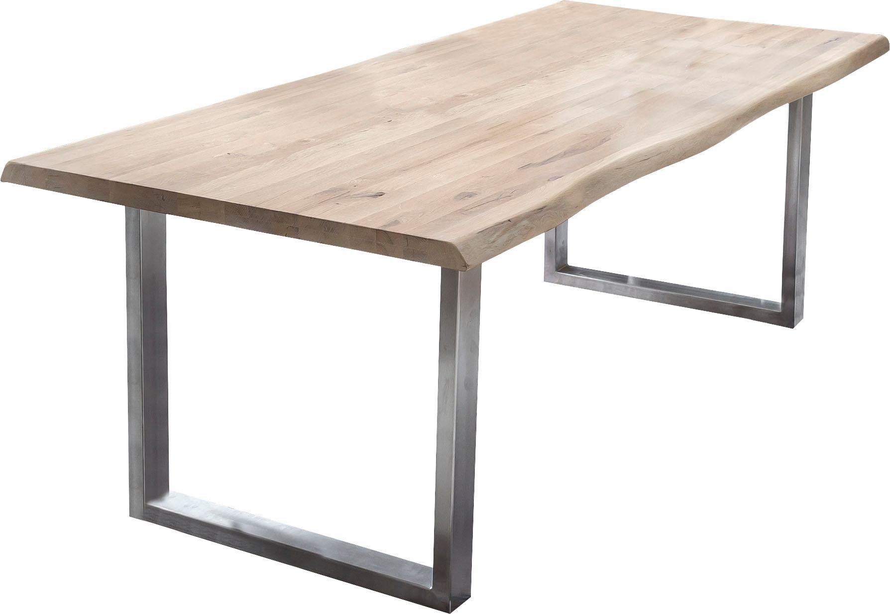 Esstisch HOME AFFAIRE "Tristan", silber (weiß wash, silber, silberfarben), B:220cm H:77cm T:100cm, Tische, Esstisch, Eiche massiv mit Baumkante