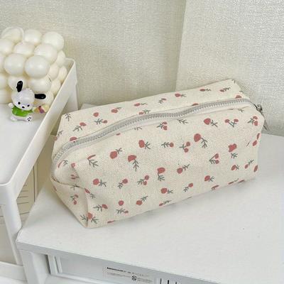 TEMU Spacious Floral Canvas Pencil Case - Cute Multi-functional Stationery Organizer For School & Office Supplies