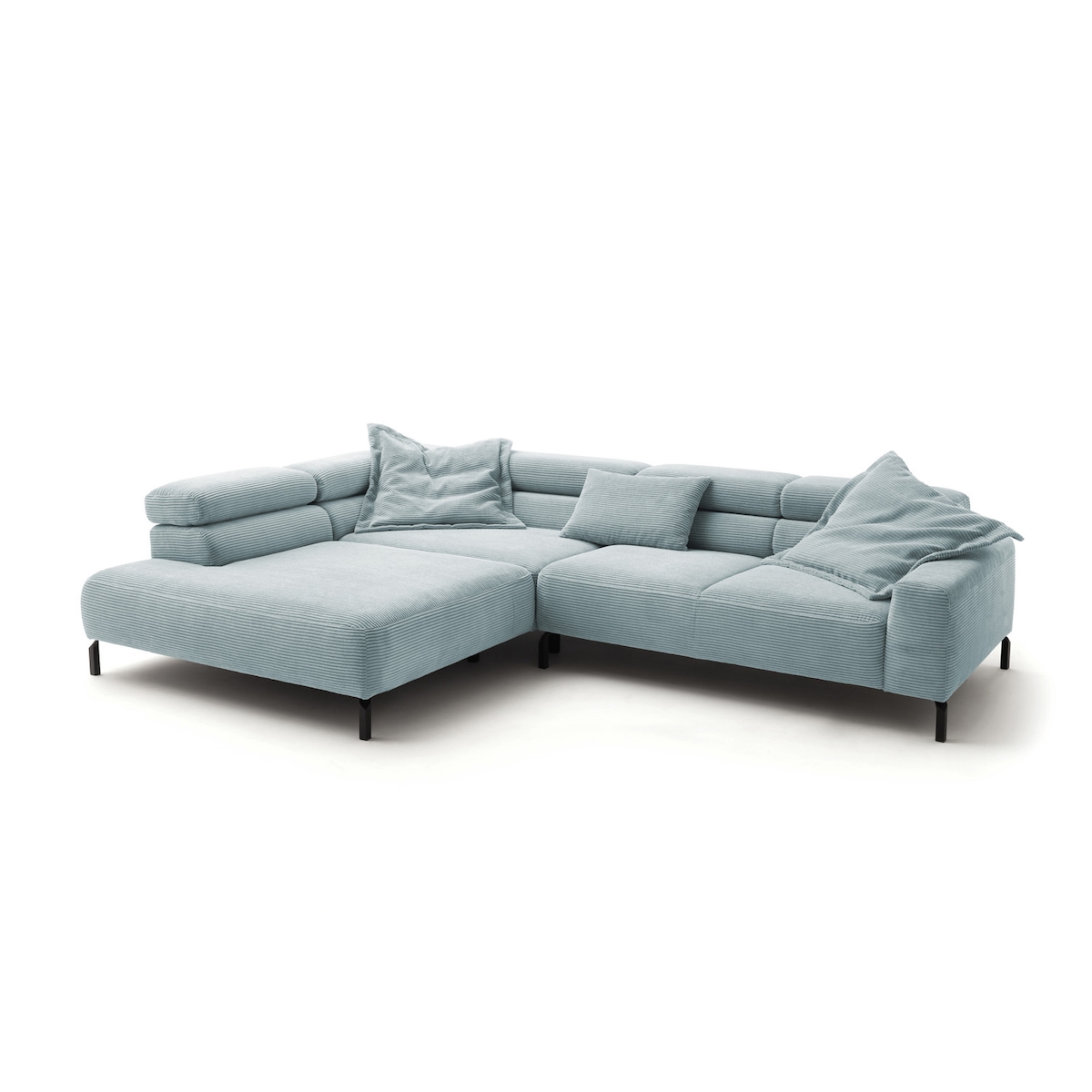 KAWOLA Sofa DELIA Ecksofa XL Cord hellblau mit motorischem Sitzvorzug Recamiere links Image