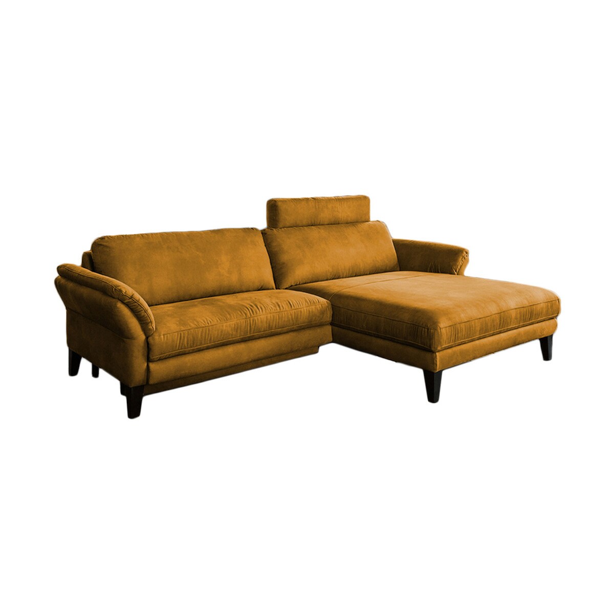 KAWOLA Sofa MALTA Ecksofa Stoff gold mit motorischer Relaxfunktion und Kopfstütze Recamiere rechts Image