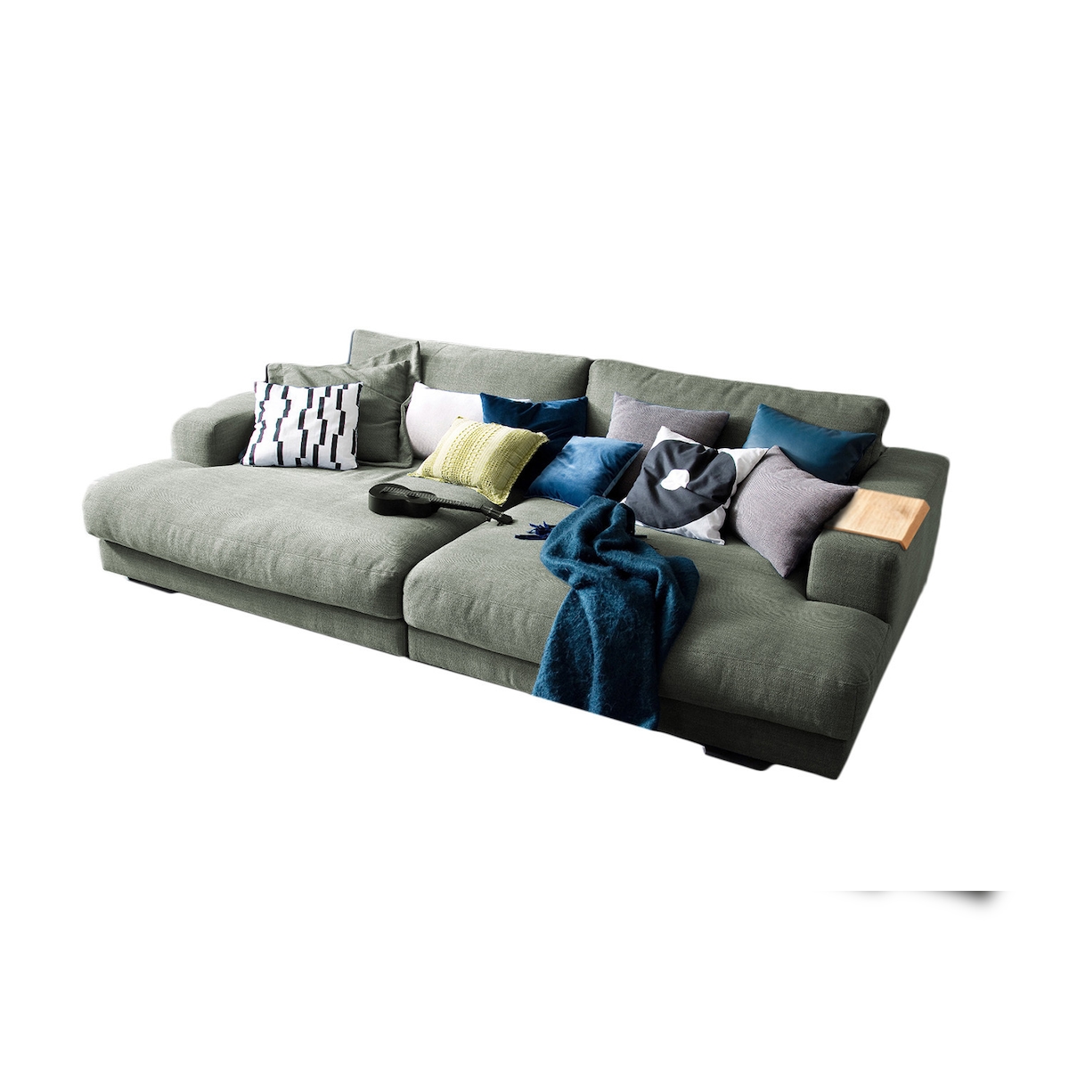 KAWOLA Big Sofa XL MADELINE mit Holztablett natur für Armlehne Stoff olivgrün Image