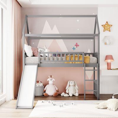 Twin Size Loft Bed with Slide, House-shaped Bed with Ladder, Pine Wooden Bed with Guardrails for Bedroom, Grey