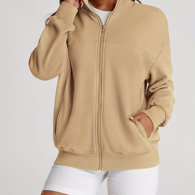 TEMU Solid Color Zipper Front Pockets Jacket, Casual Long Sleeve Simple Outwear For Spring & Fall, Women's Clothing