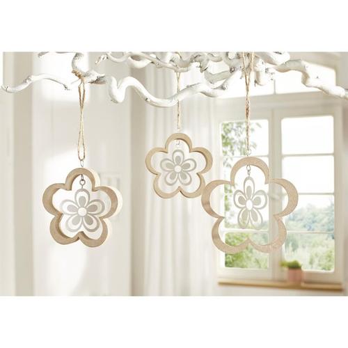 3x Dekohänger 'Blume' aus mdf & Metall, 8 + 10 cm, Hängedeko, Fensterdeko zum Aufhängen,