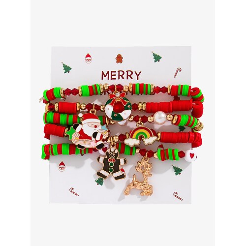 set di braccialetti con perline con ciondoli natalizi – braccialetti sovrapposti rossi, verdi e bianchi con ciondoli a forma di Babbo Natale, albero e regalo – perfetti per la moda e i regali delle feste