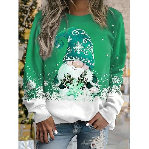 Damen Sweatshirt mit Gnomen-Print, Schneeflocke, Rundhalsausschnitt, langärmelig, lässiges Urlaubsoberteil, grün-weiß, Winterbekleidung
