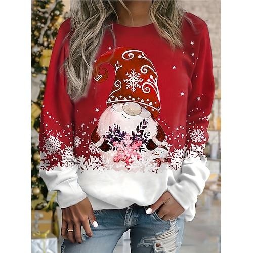 Damen Sweatshirt mit Gnomen-Print, Schneeflocke, Rundhalsausschnitt, langärmelig, lässiges Urlaubsoberteil, grün-weiß, Winterbekleidung