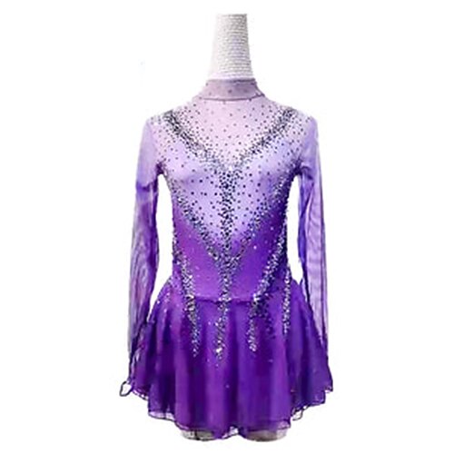 Eiskunstlaufkleid Damen Mädchen Eislaufen Kleid Violett Patchwork Netzstoff Hohe Elastizität Training Wettbewerb Eiskunstlaufkleidung Klassisch Kristall / Strass Langarm Eislaufen Eiskundstlauf Image