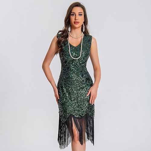 1920er Vintage inspiriert Knielang Flapper Kleid Partykostüm Ärmellos Der große Gatsby Hochzeitsgast Pailletten Quastenfransen Pailletten Quaste V Ausschnitt Kostüm Damen Weihnachten Neujahr Image