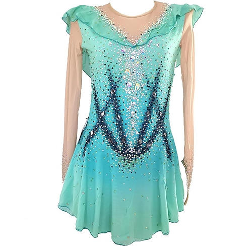 Eiskunstlaufkleid Damen Mädchen Eislaufen Kleid Grün Patchwork Netzstoff Hohe Elastizität Training Wettbewerb Eiskunstlaufkleidung Klassisch Kristall / Strass Langarm Eislaufen Eiskundstlauf Image