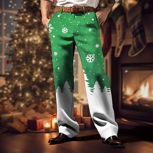 Weihnachtshose für Herren mit Weihnachtsszenen-Aufdruck, Schneeflocke, Business-Casual-Hose mit 3D-Aufdruck, Outdoor-Straßenkleidung für die Arbeit, hässliche Polyesterhose in Weingelb und Blau, S, Image