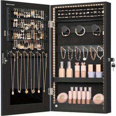 TEMU Mirror Jewelry Cabinet Armoire With Built-in Led Lights, Wall Or Door Mounted Jewelry Storage Organizer, 3. 8 X 14. 6 X 26. 4 Inches Hanging Mirror Cabinet, Gift Idea