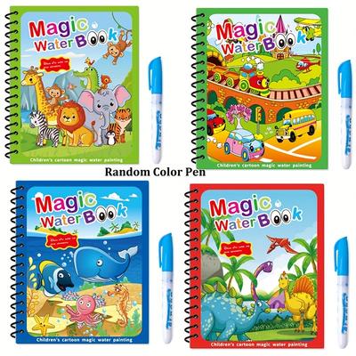 TEMU 4-pack Children's Magic Water Drawing Books With Pen, Reusable Water Painting Graffiti Sketchbooks, Educational Early Learning Activity Books, Interactive Toys For Toddlers And Preschoolers