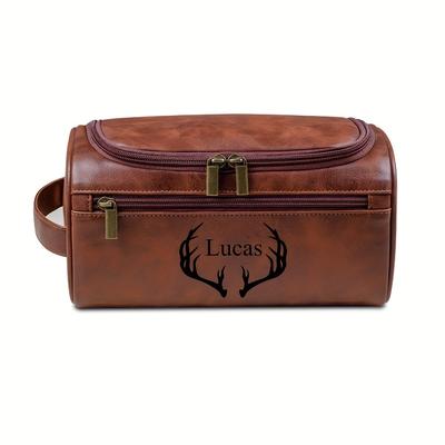 TEMU Custom Engraved Faux Leather Toiletry Bag - Style For Dad, Sophisticated High-quality Imitation Hide, Travel, Personalized Grooming Pouch With Multi-functional Utility