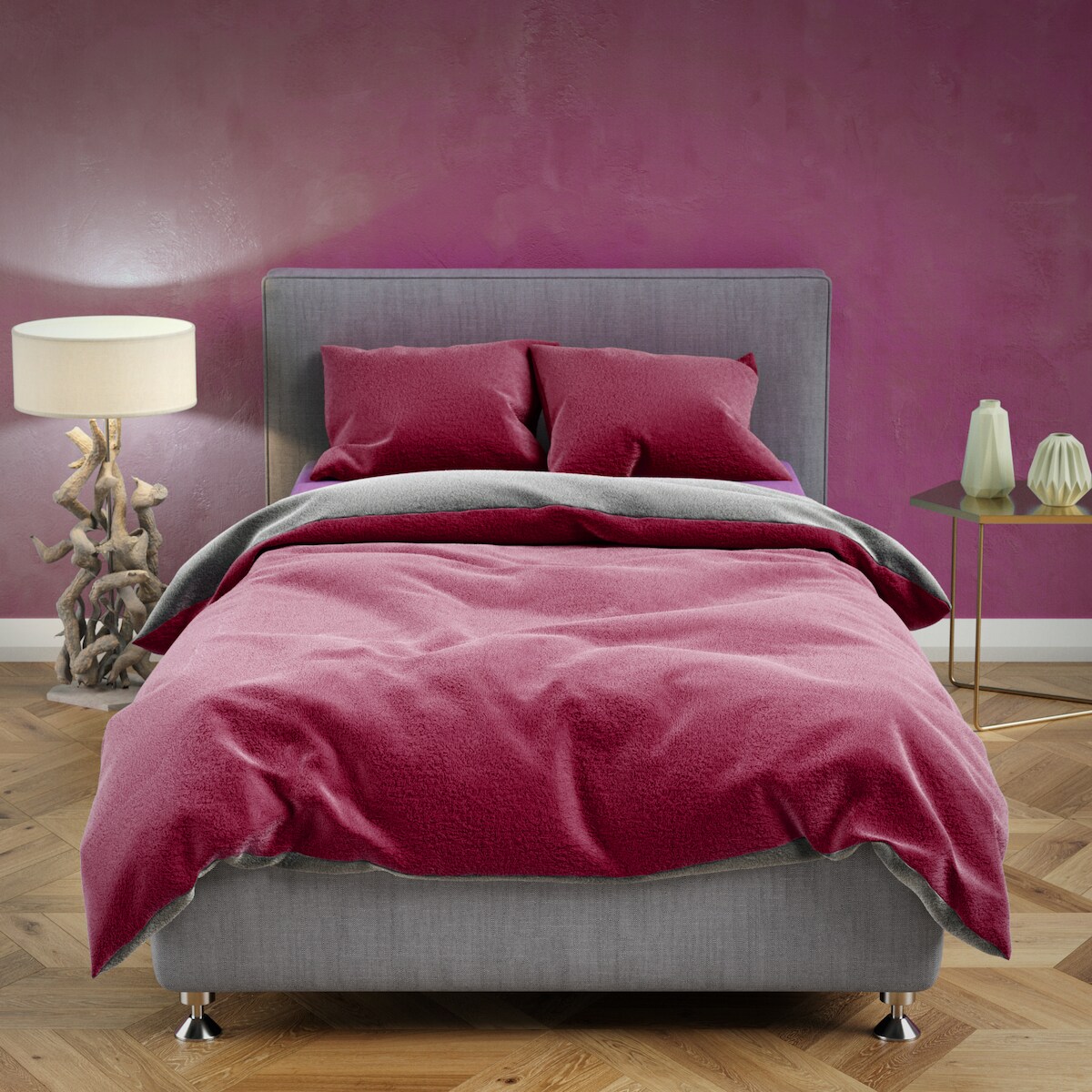 Leonado Vicenti Teddyplüsch Winter Bettwäsche Bordeaux Anthrazit 155x220cm 4 teilig Uni Image