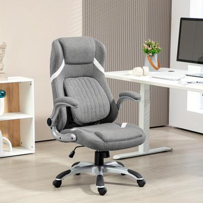 TEMU High Back Executive Office Chair, Fabric Office Desk Chair With Flip-up Armrests, Adjustable Lumbar Support And Tilt Function, Grey