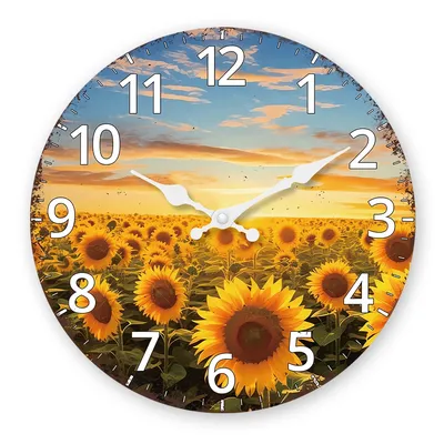 Fashionable Dusk Sunflower Garden Pattern Wooden Wall Clock Living Room Bedroom Kitchen Home Decoration Wall Clock Silent Quartz Clock Holiday Gift 10 Inches 12 Inches 14 Inches 16inch (Without