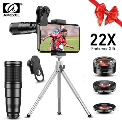 APEXEL Phone Camera Lens kit 4 in 1 Telephoto Zoom 22X Lens Telescope Monocular Wide Macro Fisheye Lens Tripod For Smart Phones