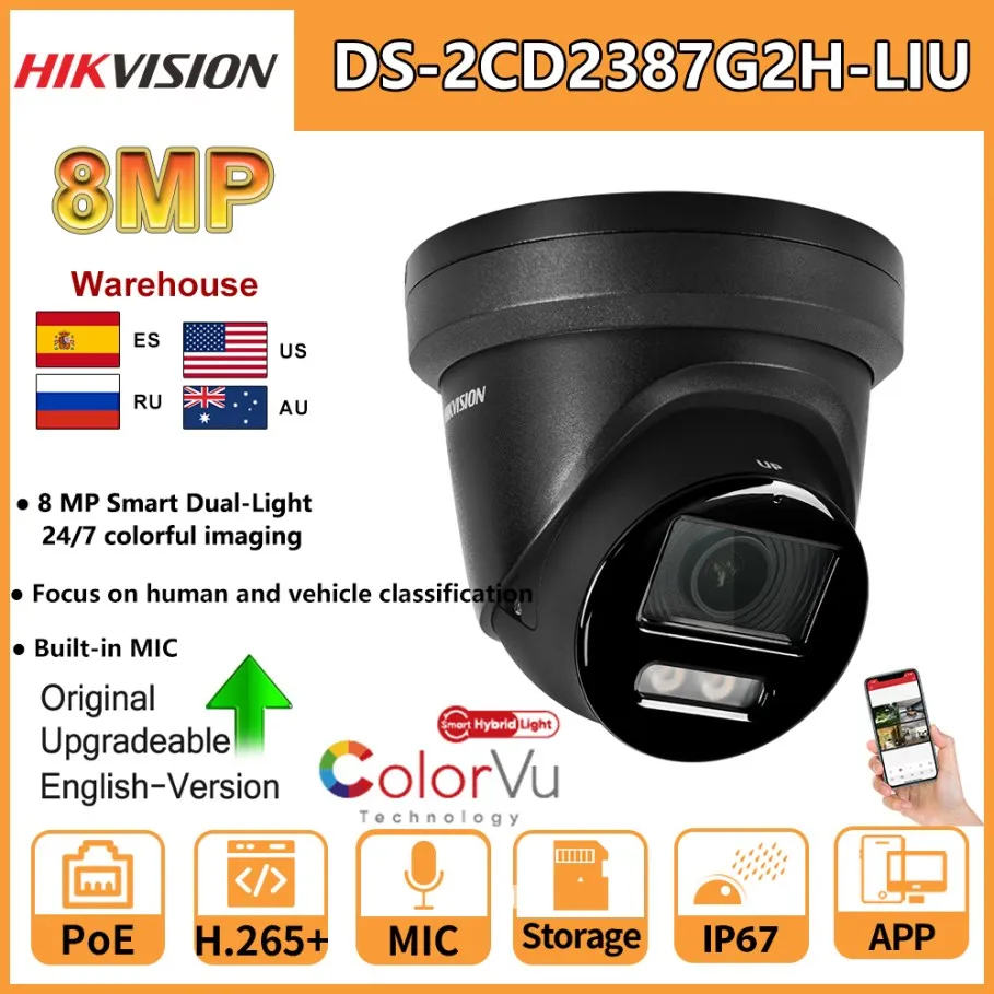 Telecamera IP Hikvision da 8 MP DS-2CD2387G2H-LIU Luce ibrida intelligente 4K con microfono incorporato ColorVu Telecamera di rete a torretta fissa a doppia luce