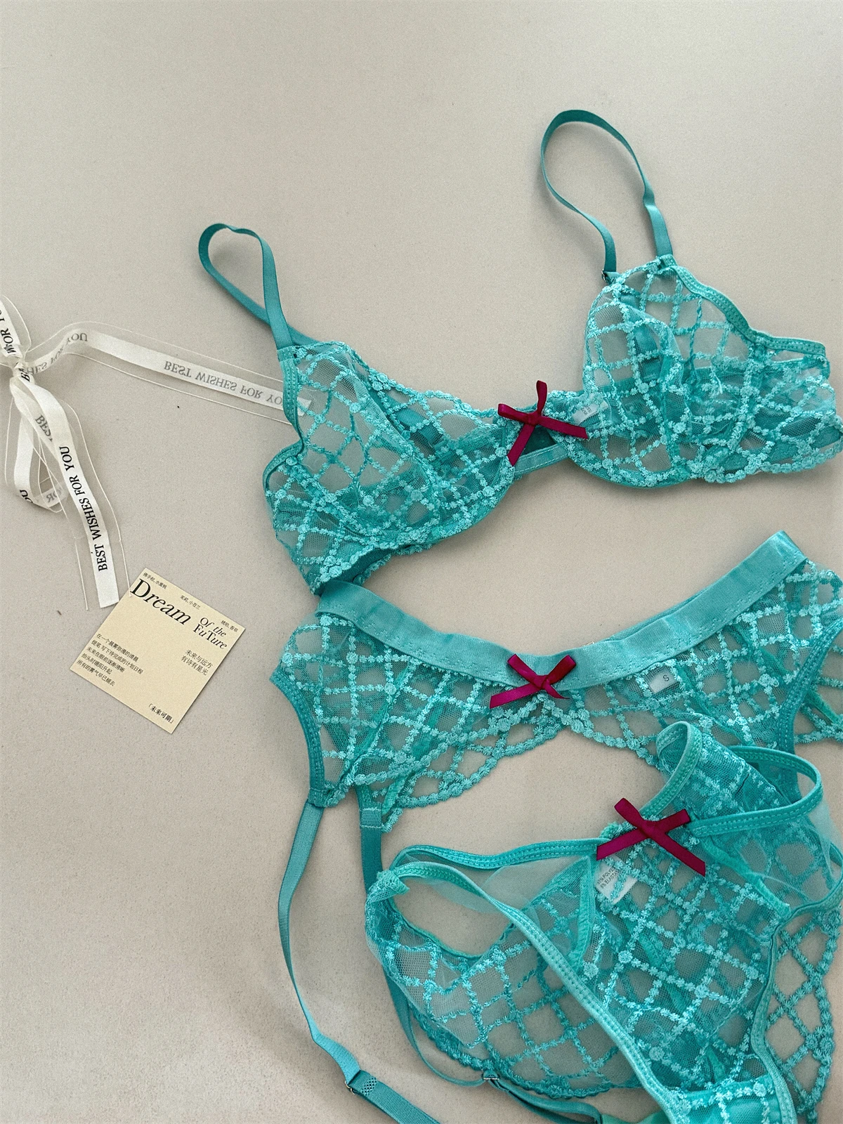 Meerjungfrau blau dreiteilige Dessous Set aus dünnen großen Brust Unterwäsche sexy Spitze BH atmungsaktive romantische BHs mit Unterhose Anzug