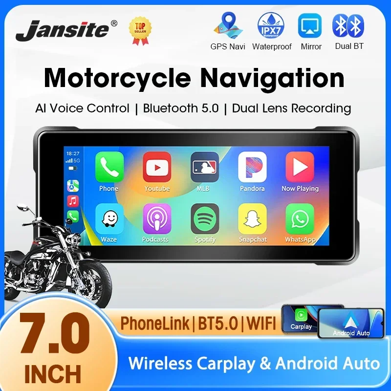 Jansite 7-Zoll-Motorrad-DVR-Navigation GPS Wireless CarPlay Android Auto Airplay Moto-Bildschirm tragbar für Motorradmonitor Image