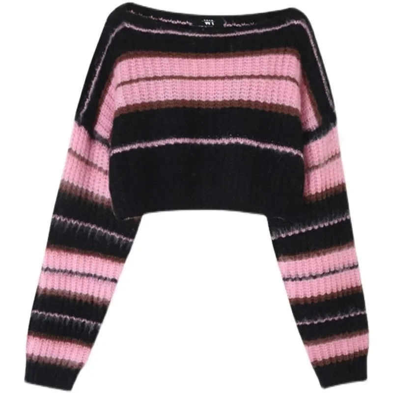 Neue y2k koreanischen Stil rosa kurz geschnittenen Pullover Frauen gestreiften Pullover Vintage weiblichen Herbst Langarm Crewneck Pullover Tops