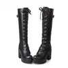 Heißer Verkauf Frühling Herbst Schnürung Kniehohe Stiefel Frauen Mode Weiß Platz Ferse Frau Leder Schuhe Winter PU Große Größe 43
