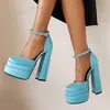 LAIGZEM Frauen Pumpen Kristall Satin Platfrom Block High Heels Schnalle Riemen Sandalen Frühling Sommer Schuhe Frau Große Größe 32 43