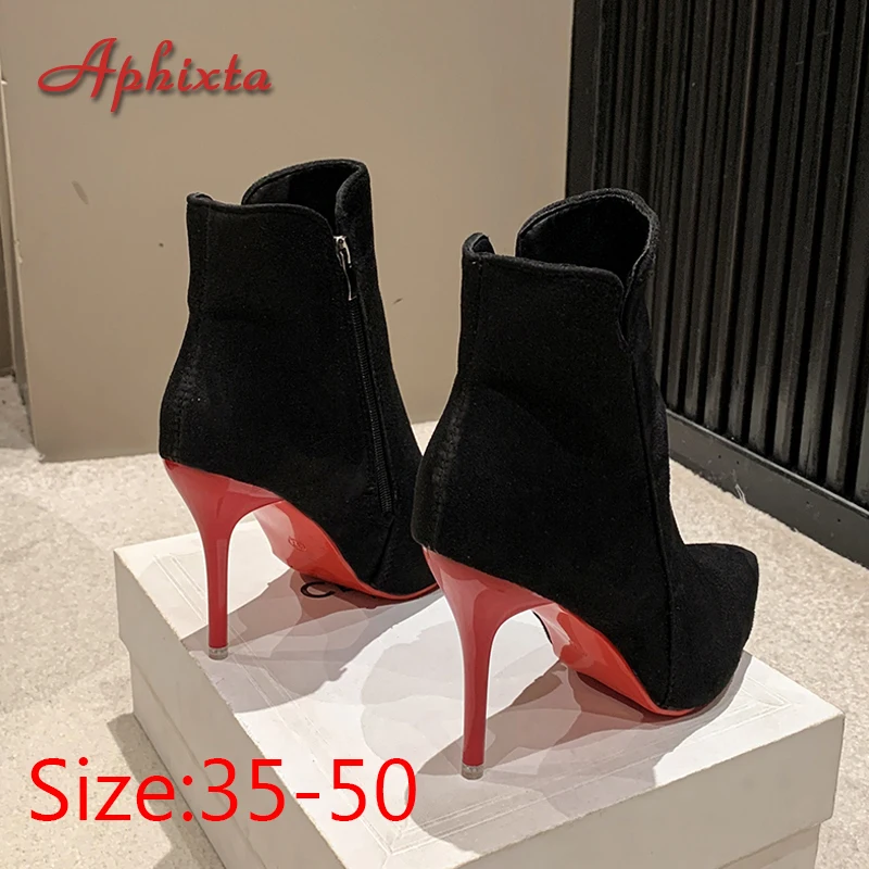 Aphixta 10 cm Stilettos Winter Rot Heels Zip Warme Schwarze Stiefeletten Frauen Flock Schuhe Schuhe Frauen Super Große Größe 47 48 49 50