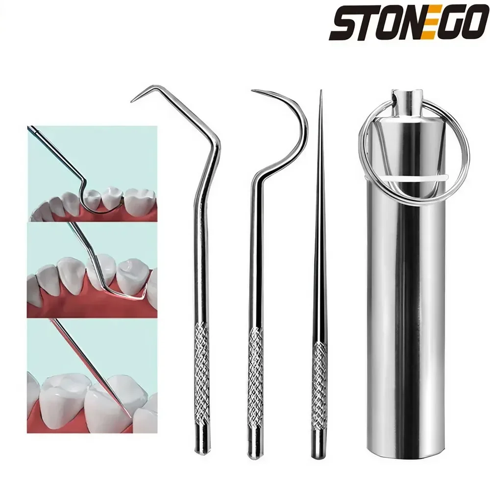 3 teile/satz Edelstahl Zahnstocher Zahnpflege Zahnseide Werkzeug Stone go tragbare Schlüssel bund Zahnstocher Set Image