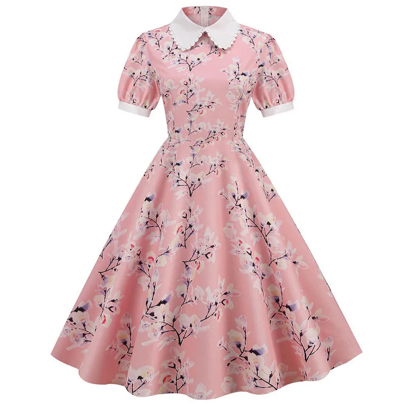 Sommerkleid Frauen Blumen gedruckt Puff Kurzarm elegante Peter Pan Kragen lässig Vintage Retro 50er Jahre Midi Party kleid