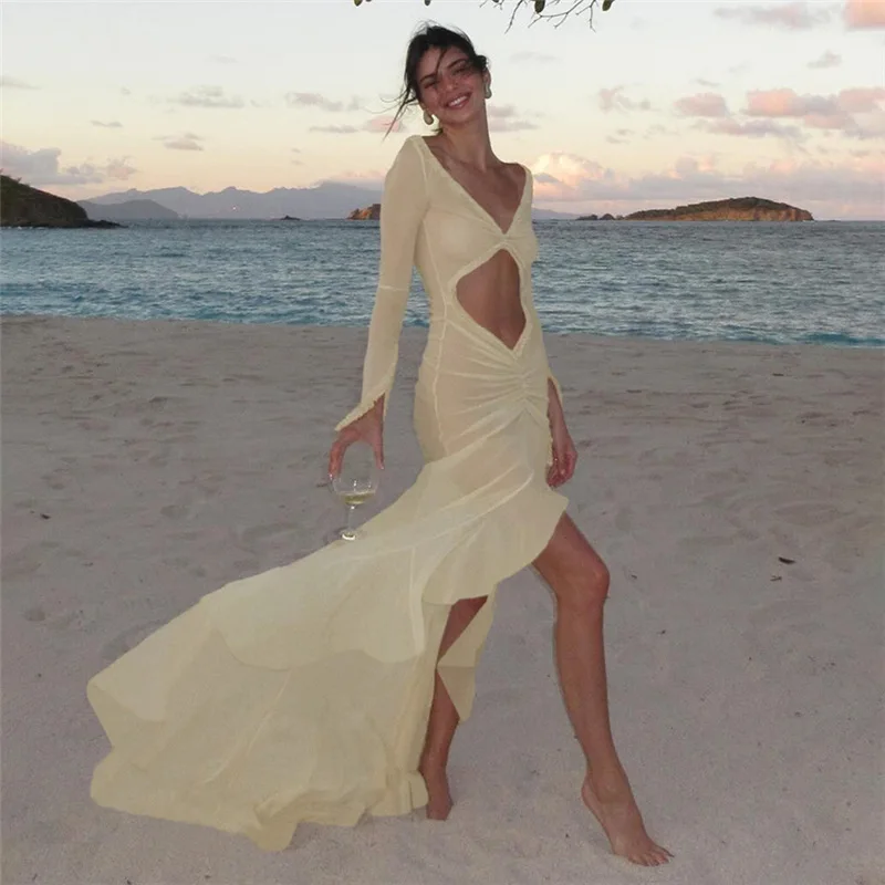 Nibber Mesh Concise Kleid Frauen Klassische Urlaub Stil Langarm Cut out Raffen Asymmetrische Robe Weibliche Elegante Kleidung Image