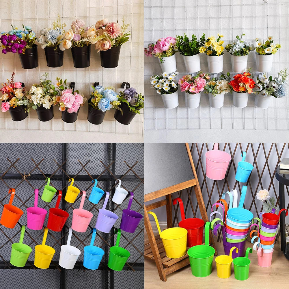 Blumentöpfe hängen Blumentöpfe mit Drainage löchern Zaun hängen Garten töpfe Balkon Pflanzer Metall Eimer Blumen halter Image