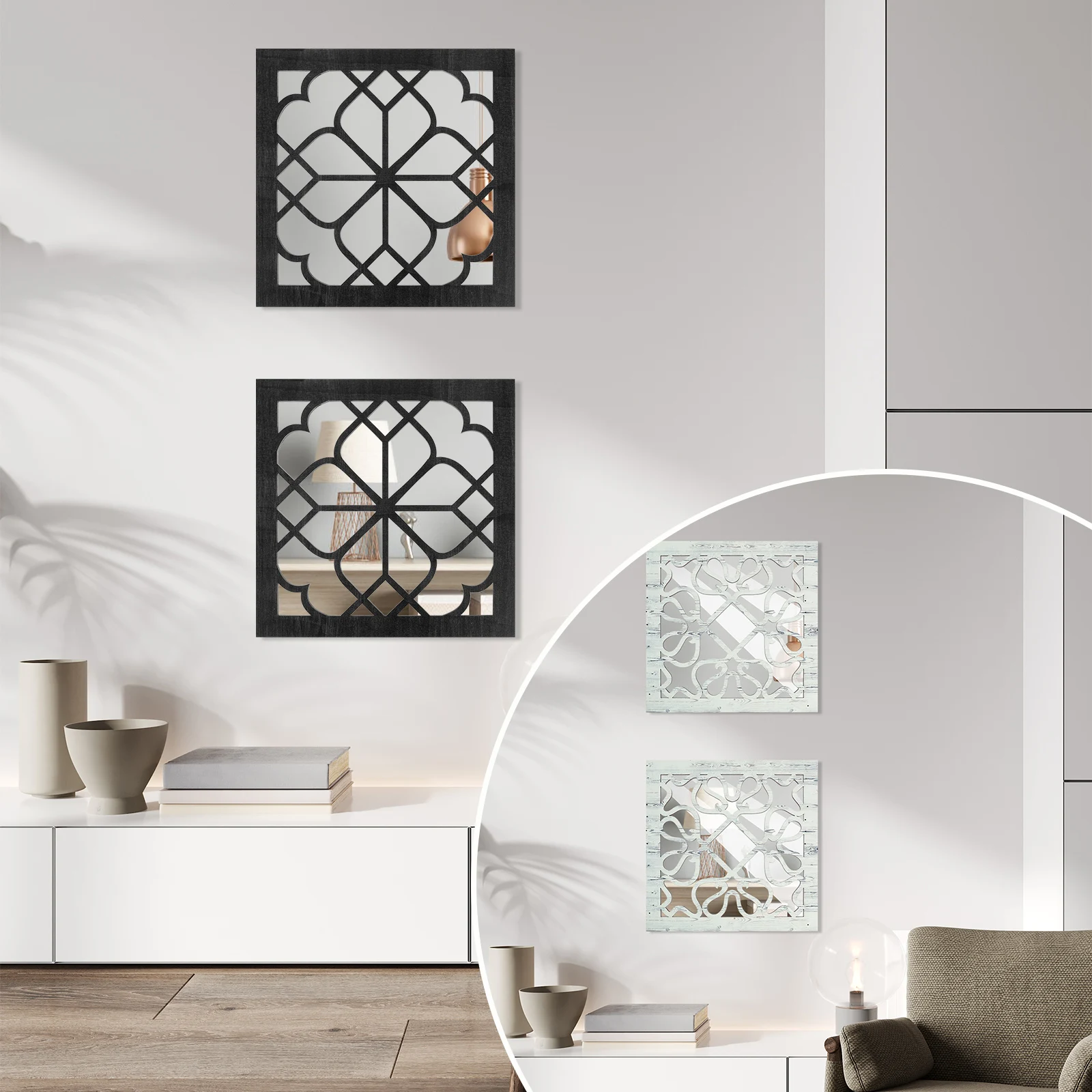 2 Stück quadratische Wandspiegel Dekor Vintage rustikale Wandspiegel 30 x 30 cm Holz Wandspiegel Set für Wohnzimmer Badezimmer Schlafzimmer