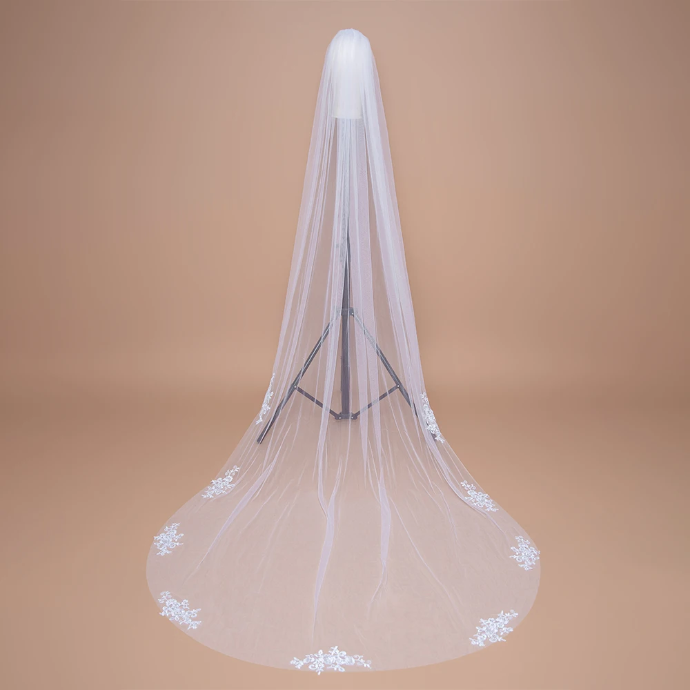 BABYONLINE Blumen-Spitzenkante, schlichter Stil mit Kamm-Gesichtsbedeckung, 1-stufiger Schleier, 3 m x 1,5 m lang, Kathedralenlänge, Hochzeits-Braut-Accessoires Image