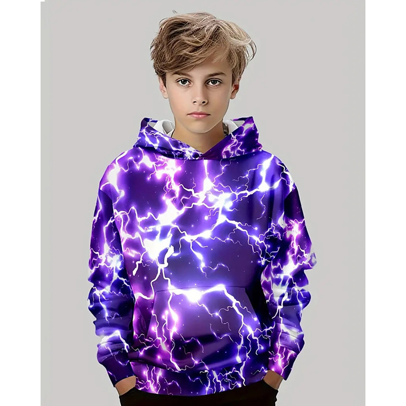 Boys 3D Graphic Lightning Hoodie Long Sleeve Spring Fall Fashion Streetwear Kids 4-12 Years Hooded Outdoor Casual Daily Regular Fit