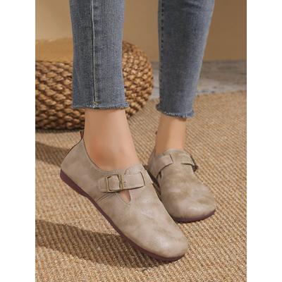 Women's Vintage Brown Barefoot Slip-On Loafers with Buckle Strap and Distressed Faux Leather Finish, Perfect for Casual Wear