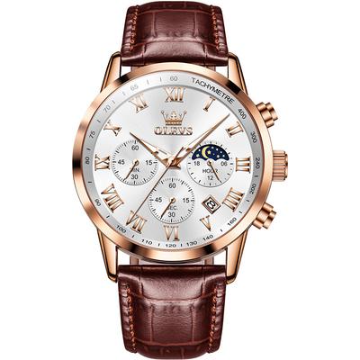 OLEVS Men Quartz Watch Outdoor Sports Fashion Wristwatch Moon phase Luminous Calendar Chronograph Leather Watch Father's Day Gifts