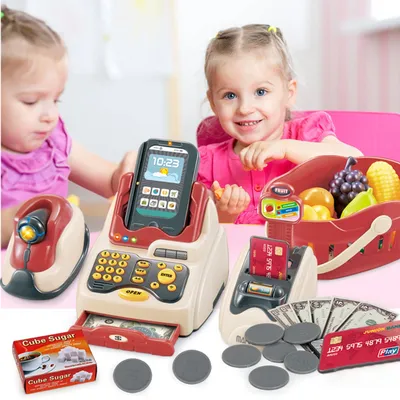 36Pcs/Set Kids Cash Register Toy LED Music Shop Cash Register Scanner Food Model Pretend Play Kids