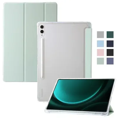 For Samsung Tab S9 FE Case with Pen Holder Trifold PU Leather Acrylic Clear Back Hard Cover For