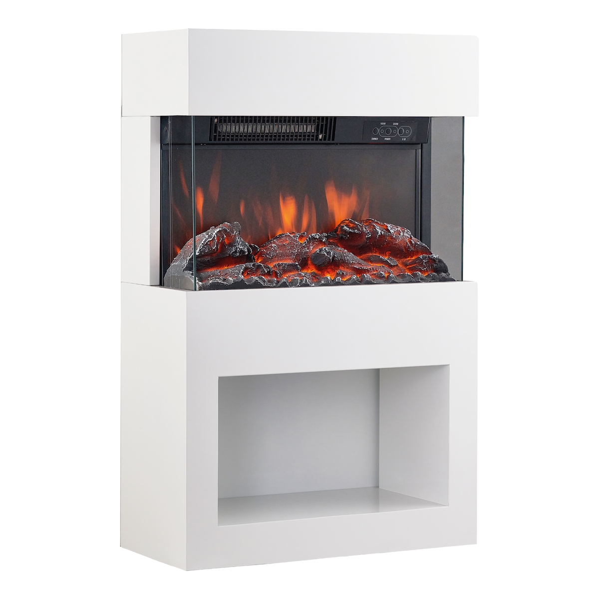 KAMINIO Elektrokamin Henri - Elektrischer Kaminofen mit Heizung, 3D-Flammeneffekt, Holzfach, Fernbedienung - Weiß Image