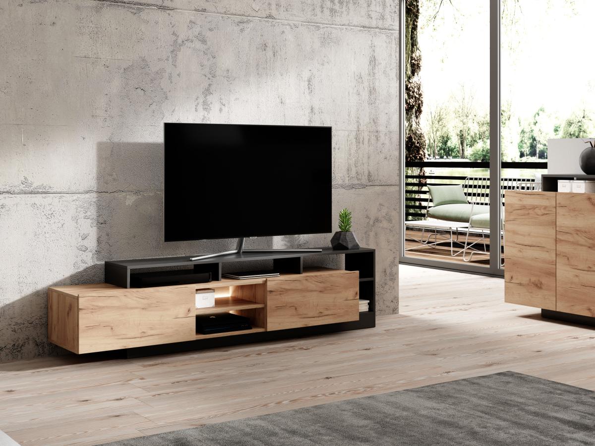 Mobile TV 2 ante e 6 nicchie con LED Naturale chiaro e Antracite - IDESIA